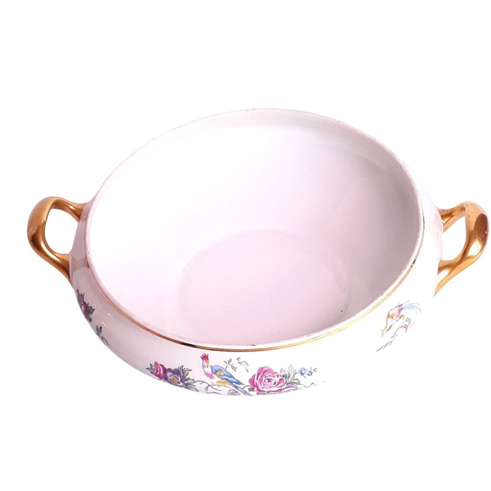Antique J.B France Bowl With Gold Handles & Floral Bird Design Crowley Milner &